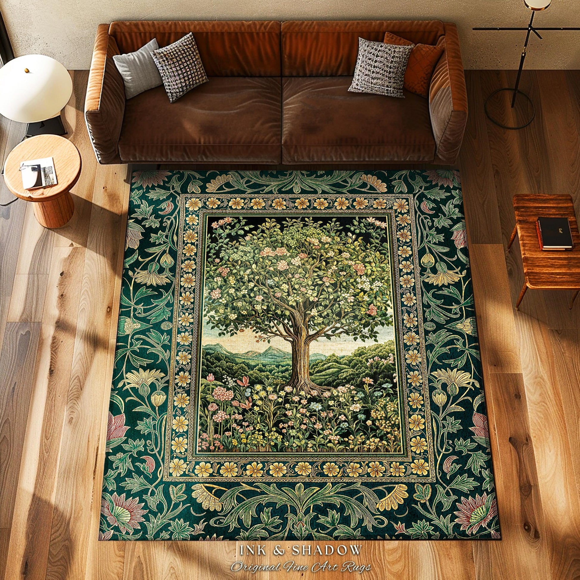 Pastoral Wildflower Garden Tree Area Rug | Floral Mountain Decor Romantic Landscape Home Accent Botanical Nature Rug Romantic Cottagecore |