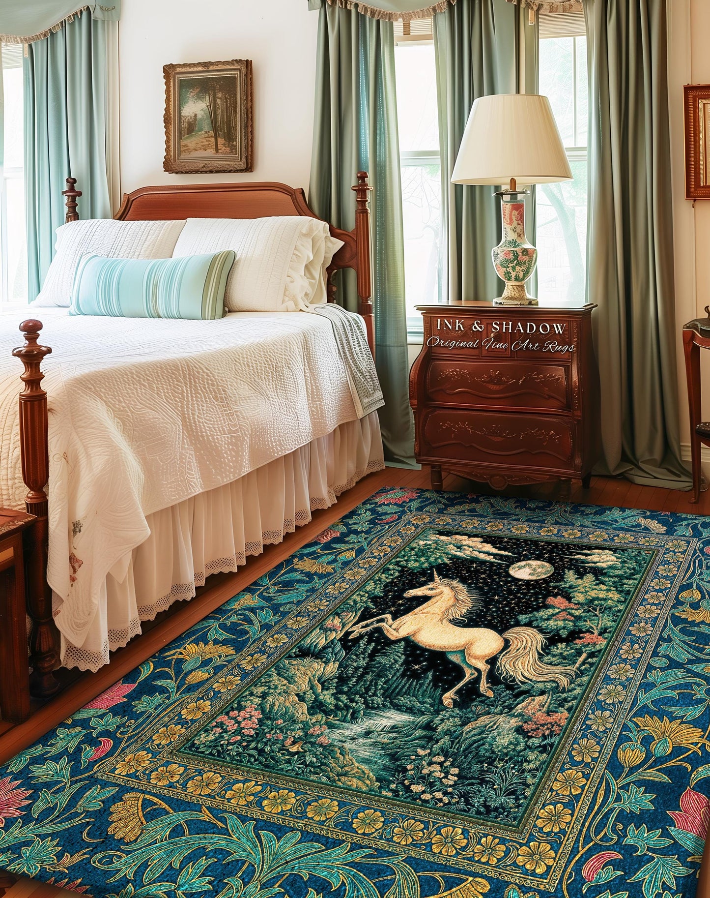 Unicorn Meadow Magical Aesthetic Rug | Castlecore Forest Fantasy Decor Fairytale Accent Regal Mystical Baroque Bedroom Regency Style Decor