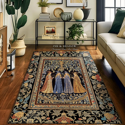 Celestial Witches Gothic Bedroom Rug | Dreamy Maiden Forest Enchantment Floral Magic Coven Witchy Area Rug Folk Tale Sisterhood Art Bohemian