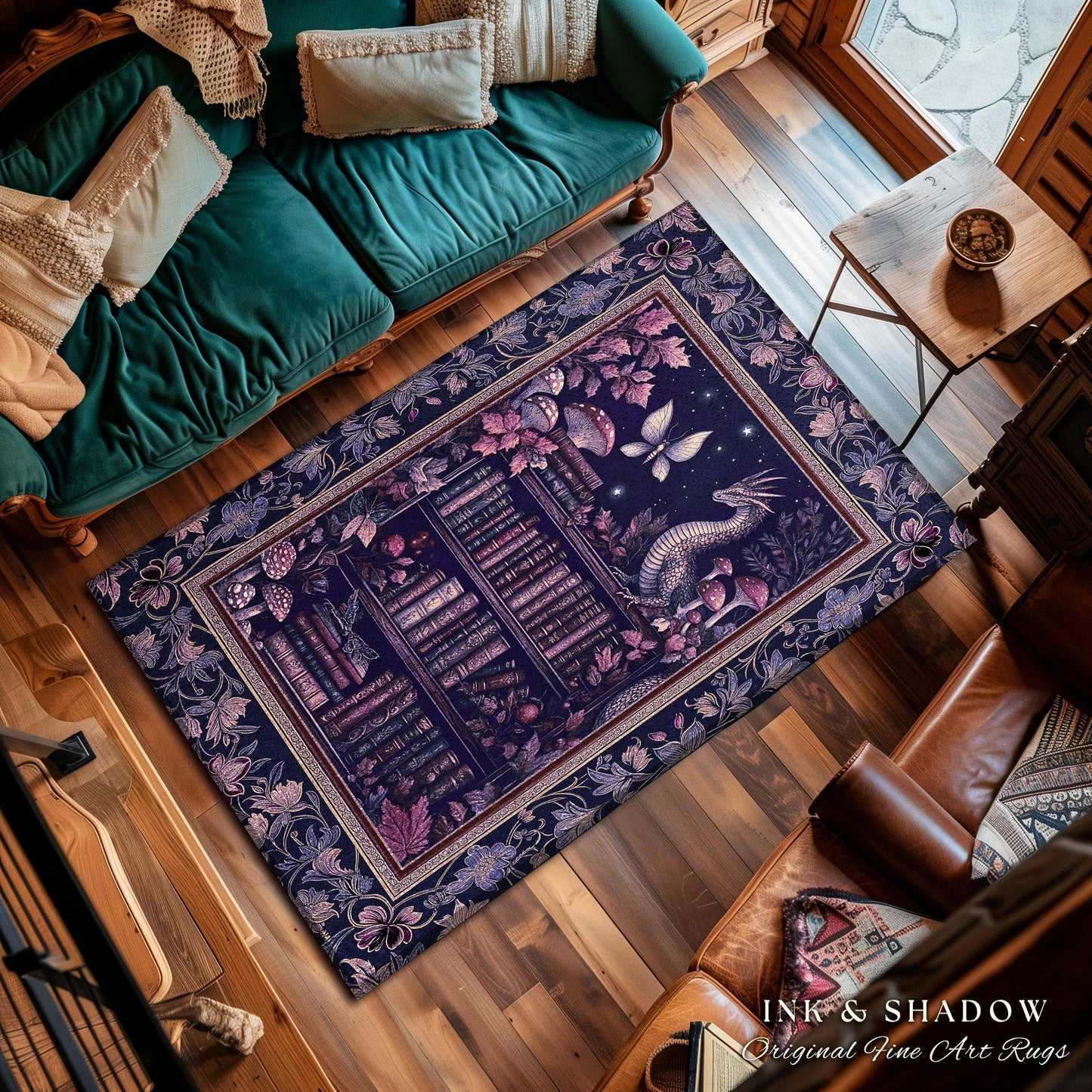 Fairytale Books & Dragon Rug Mystical Cottagecore Purple Decor | Whimsical Witchy Reading Nook Enchanted Victorian Academia Art Area Rug