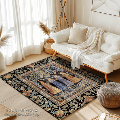 Celestial Witches Gothic Bedroom Rug | Dreamy Maiden Forest Enchantment Floral Magic Coven Witchy Area Rug Folk Tale Sisterhood Art Bohemian