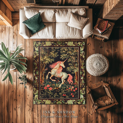 Whimsical Enchanted Unicorn Round Rug Victorian Gothic Dark Cottagecore Decor, Renaissance Folklore Accent Baroque Fairytale Aesthetic Home