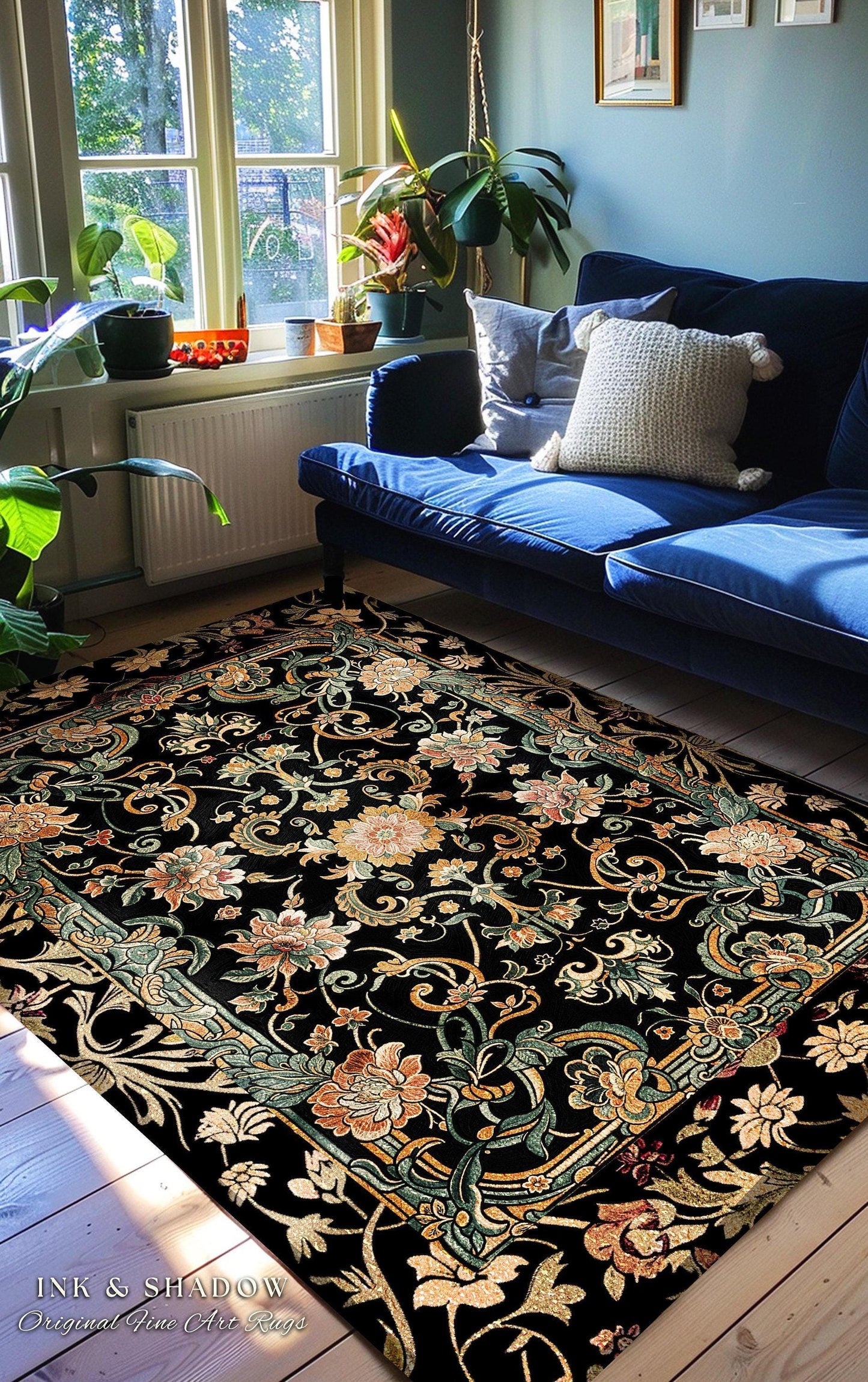 Dark Floral Victorian Rug | Wildflower Aesthetic Living Room Gothic Home Decor Rustic Housewarming Gift Dark Academia Bedroom Folklore Decor