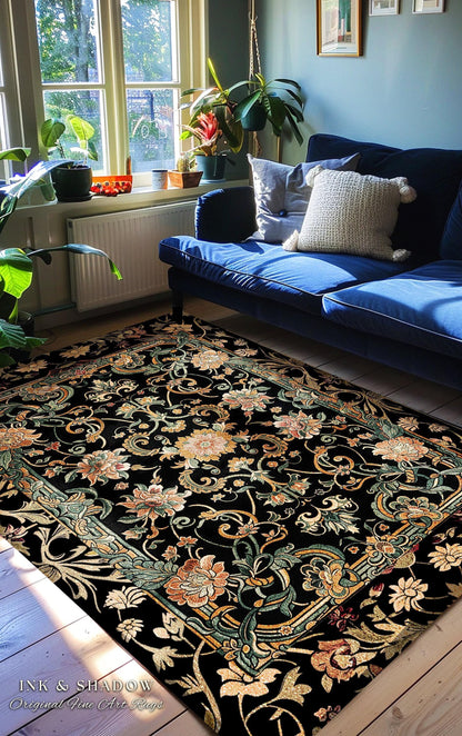 Dark Floral Victorian Rug | Wildflower Aesthetic Living Room Gothic Home Decor Rustic Housewarming Gift Dark Academia Bedroom Folklore Decor