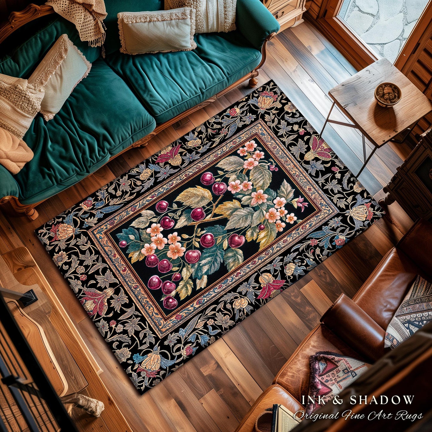 Dark Romantic Cherry Blossom Area Rug | Vintage Botanical Art Gothic Floral Design Moody Garden Accent Baroque Cottagecore Home Decor Royal