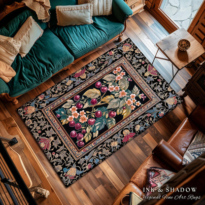 Dark Romantic Cherry Blossom Area Rug | Vintage Botanical Art Gothic Floral Design Moody Garden Accent Baroque Cottagecore Home Decor Royal