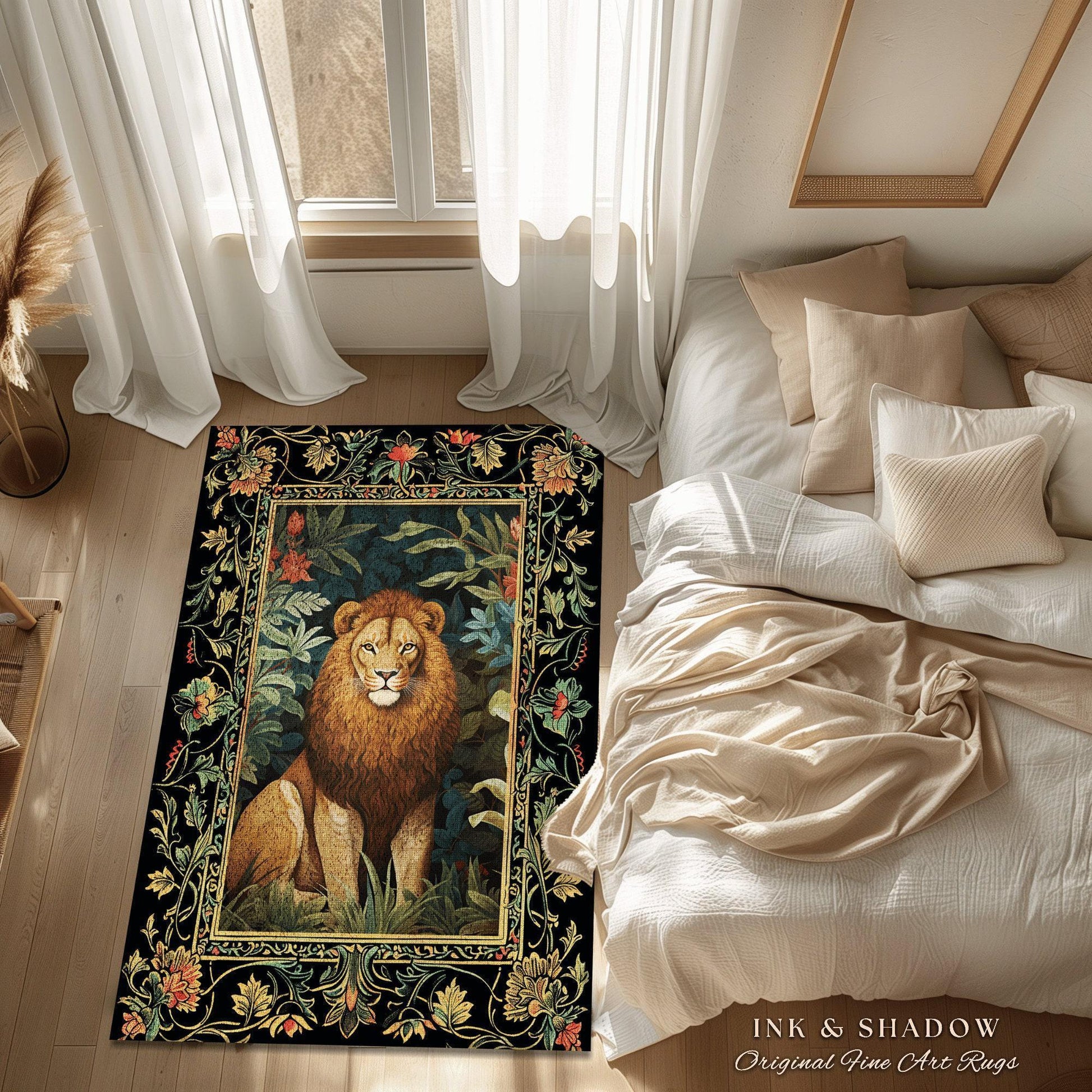 Lion Area Rug Botanical | Nature Inspired Room Decor William Morris Style Aesthetic Fairycore Boho Bedroom Rug Jungle Leopard Dark Floral