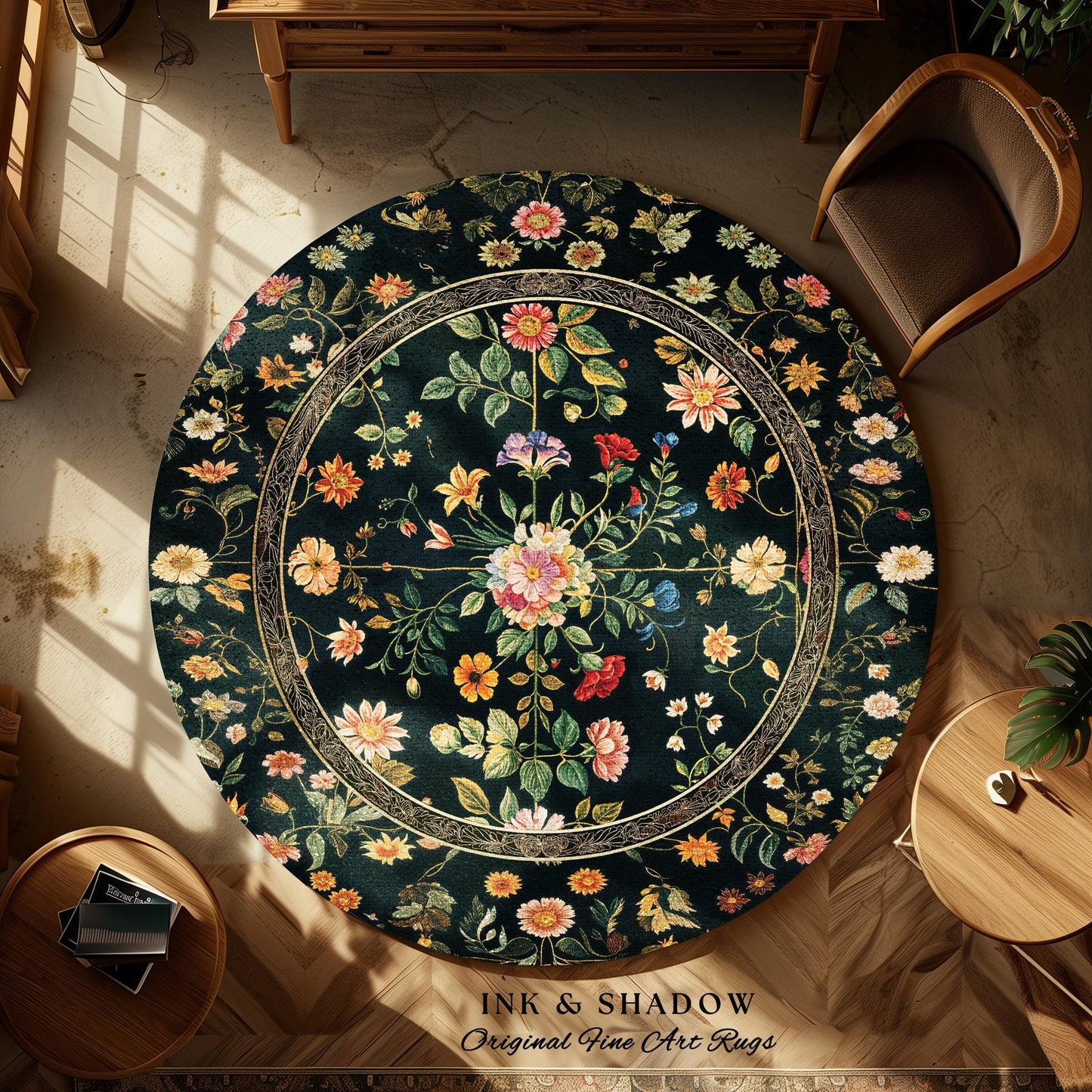 Dark Academia Wildflower Rug | Floral Aesthetic Ornate Gothic Home Decor Whimsical Rustic Housewarming Gift Dark Academia Ethereal Bedroom |