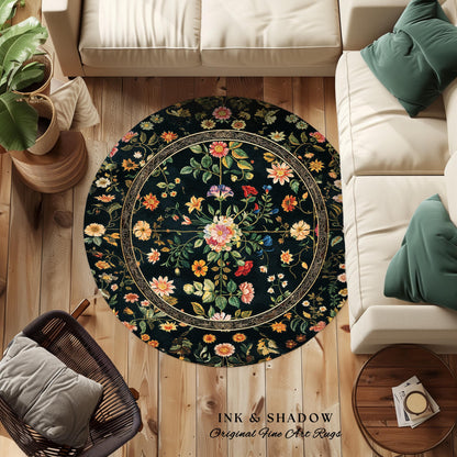 Dark Academia Wildflower Rug | Floral Aesthetic Ornate Gothic Home Decor Whimsical Rustic Housewarming Gift Dark Academia Ethereal Bedroom |