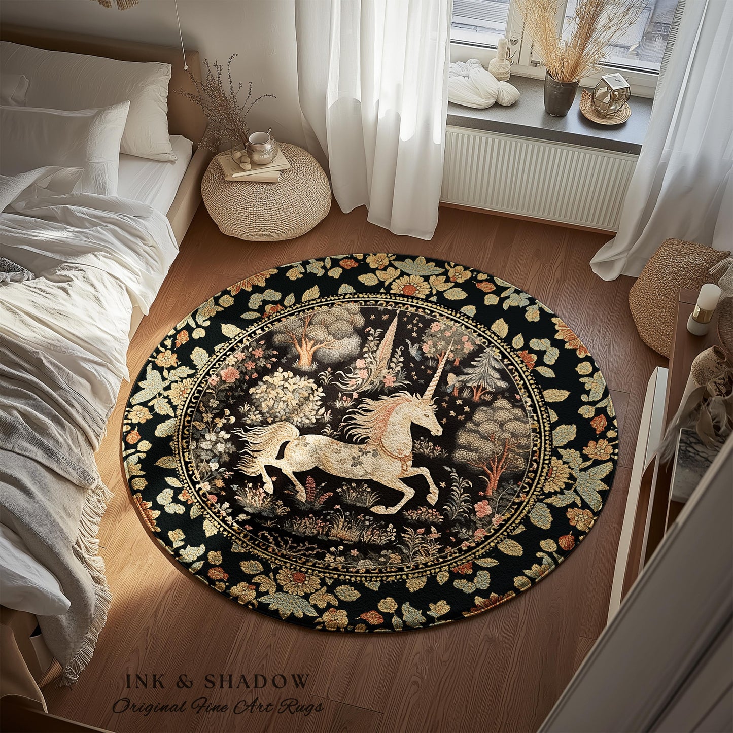 Fairy Grunge Unicorn Round Rug | Folklore Aesthetic Nursery Decor Morris Style Cottagecore Woodland Fairycore Mystical Ethereal Unicorn Boho