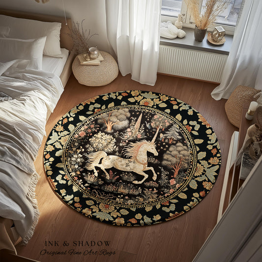 Fairy Grunge Unicorn Round Rug | Folklore Aesthetic Nursery Decor Morris Style Cottagecore Woodland Fairycore Mystical Ethereal Unicorn Boho