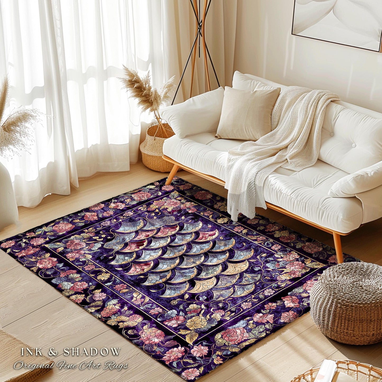 Princesscore Royal Dragon Scale Floral Ornate Accent Rug | Whimsical Fairytale Decor Dark Storybook Fairytale Medieval Folklore Floor Art