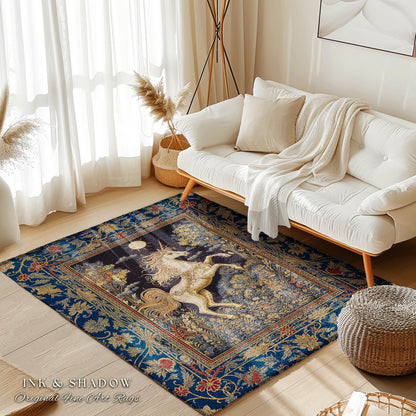Victorian Unicorn Fairycore Rug | Fairytale Nursery Decor Golden Baroque Home Accent Castlecore Bedroom Romantic Gothic Forest Mystical Rug