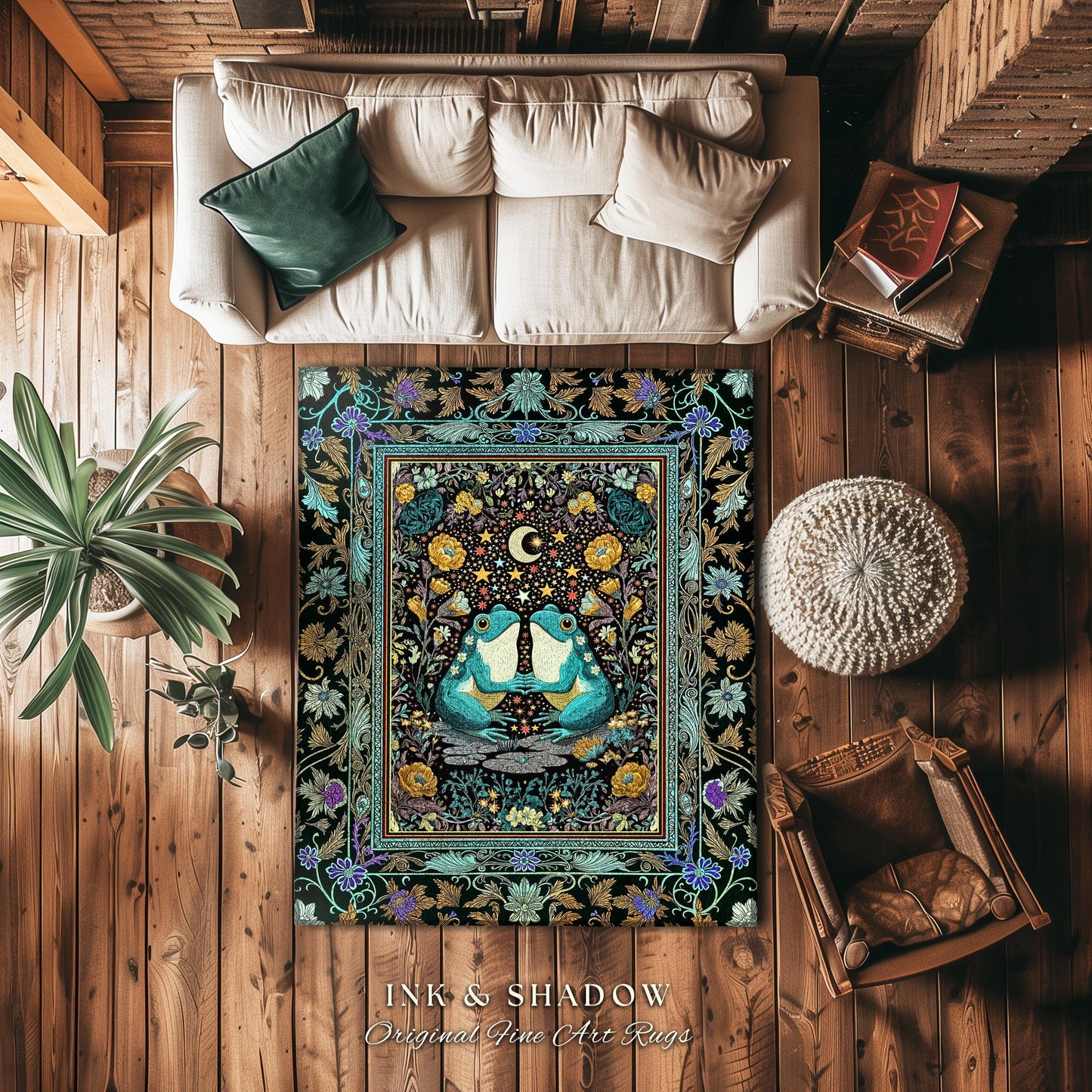 Frog and Toad Celestial Area Rug | Dark Cottagecore Whimsigoth Aesthetic Goblincore Bedroom Mystic Theme Enchanted Forest Botanical Folklore