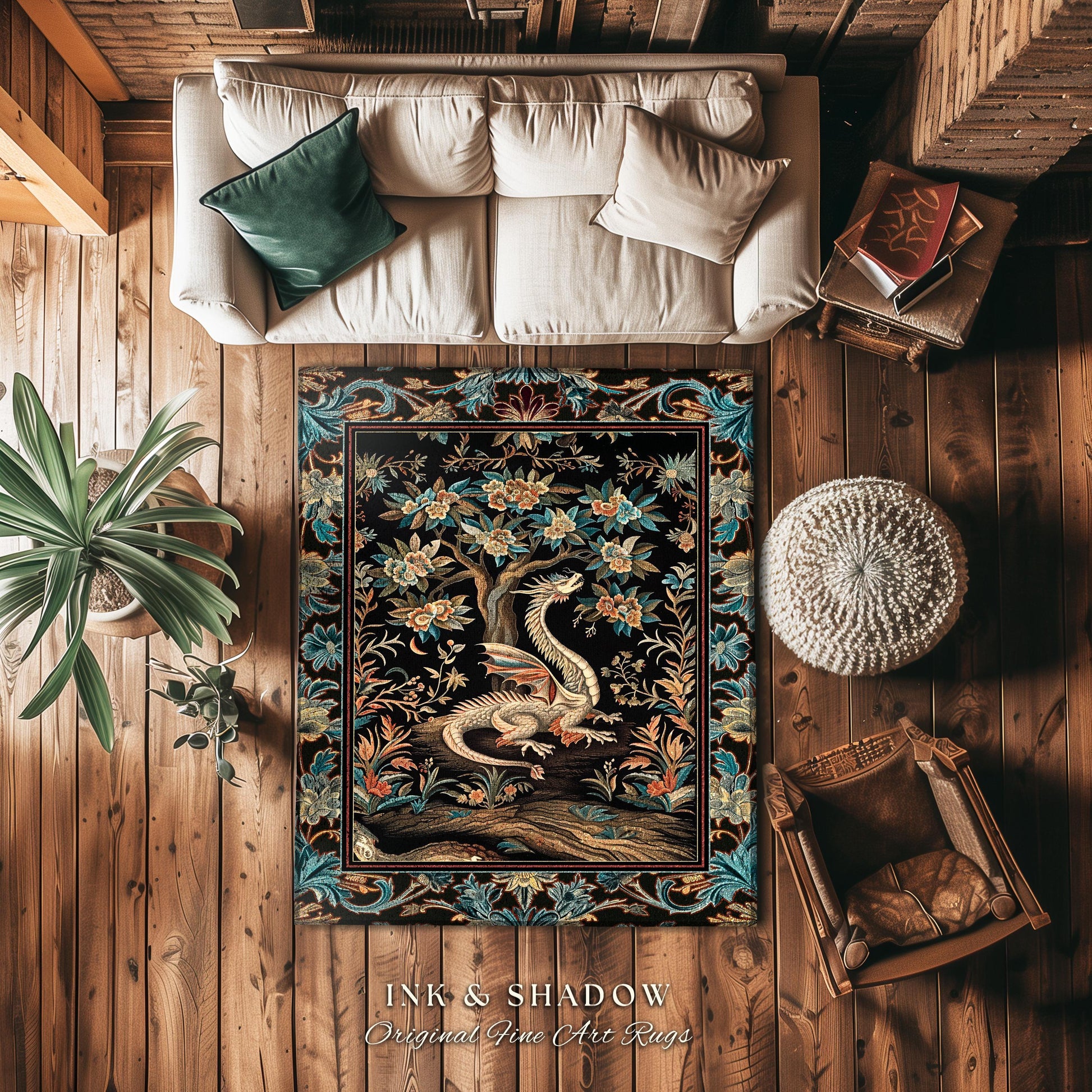 Dark Nature Enchanting Dragon Art Exotic Home Decor Mystical Fantasy Dragon Runner Rug | Ethereal Woodland Magical Creature Goblincore Rugs