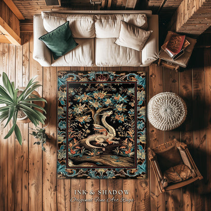 Dark Nature Enchanting Dragon Art Exotic Home Decor Mystical Fantasy Dragon Runner Rug | Ethereal Woodland Magical Creature Goblincore Rugs