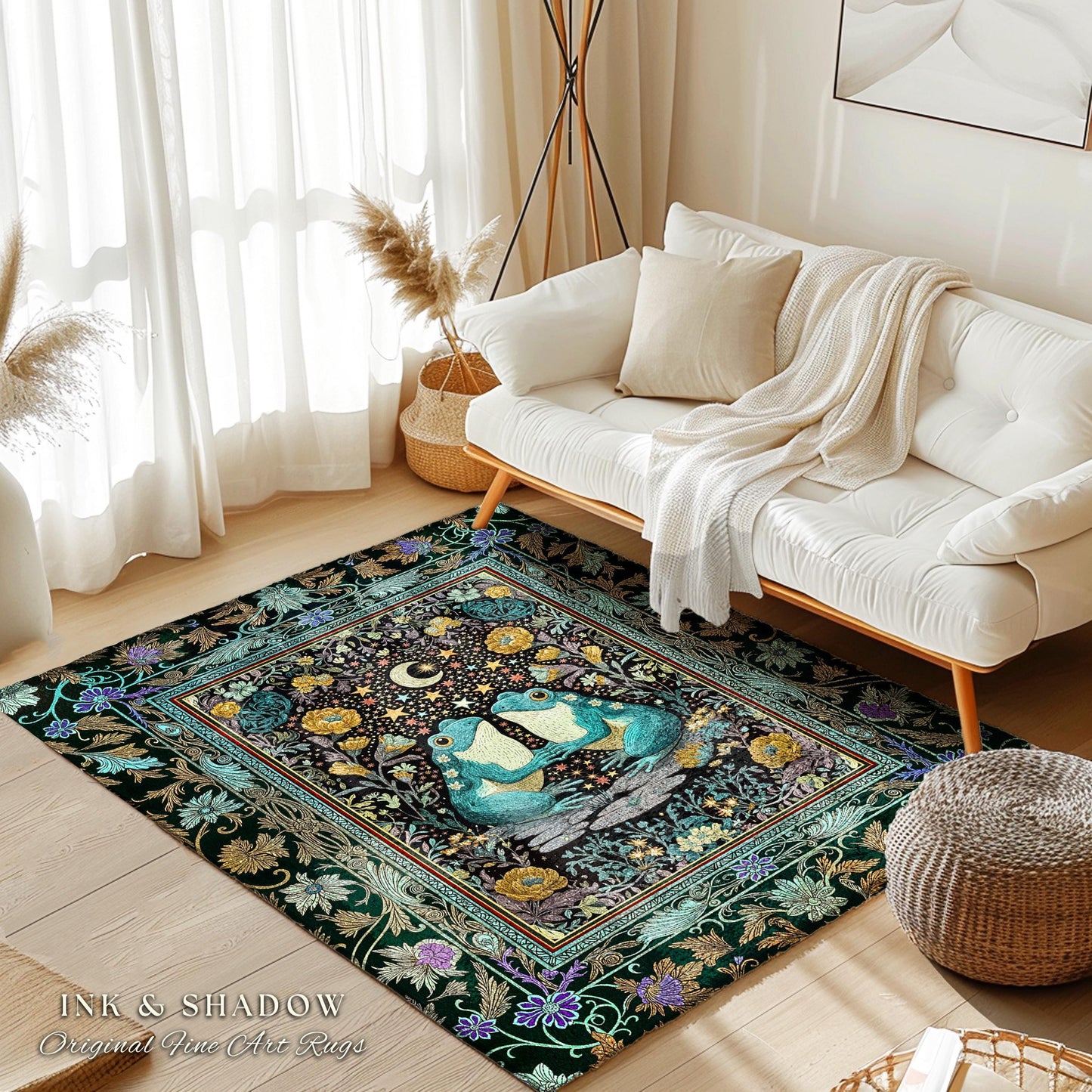 Frog and Toad Celestial Area Rug | Dark Cottagecore Whimsigoth Aesthetic Goblincore Bedroom Mystic Theme Enchanted Forest Botanical Folklore