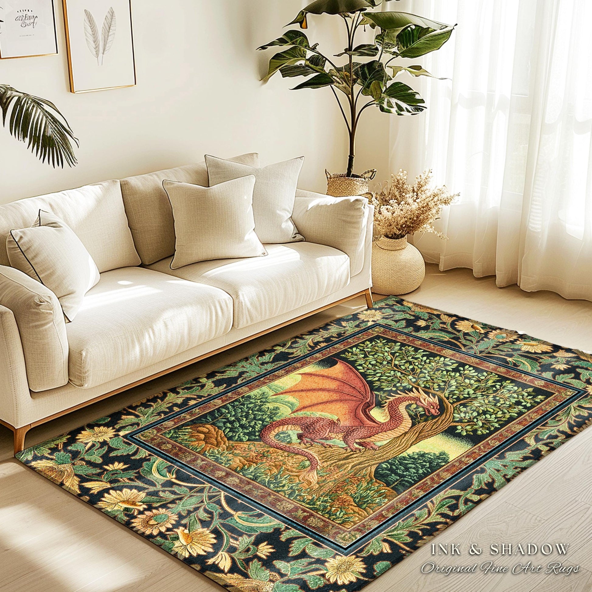 Victorian Gothic Dragon Area Rug | Dark Fairytale Aesthetic Whimsigothic Dark Academia Decor Crowcore Folklore Witchy Goblincore Home Accent