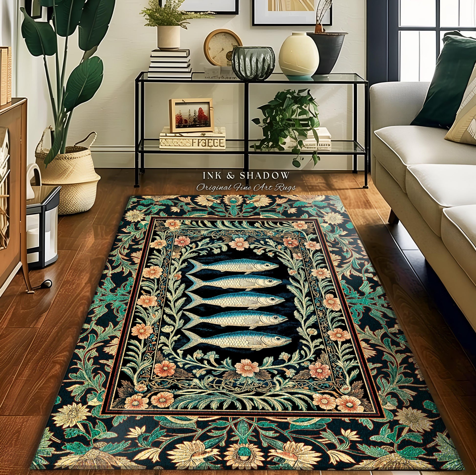 Mystical Floral Underwater Fish Rug | Antique Sardine Art Ocean Decor Coastal Beach Home Accent Rustic Marine Cottagecore Nautical Beach Art