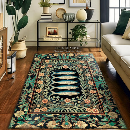 Mystical Floral Underwater Fish Rug | Antique Sardine Art Ocean Decor Coastal Beach Home Accent Rustic Marine Cottagecore Nautical Beach Art