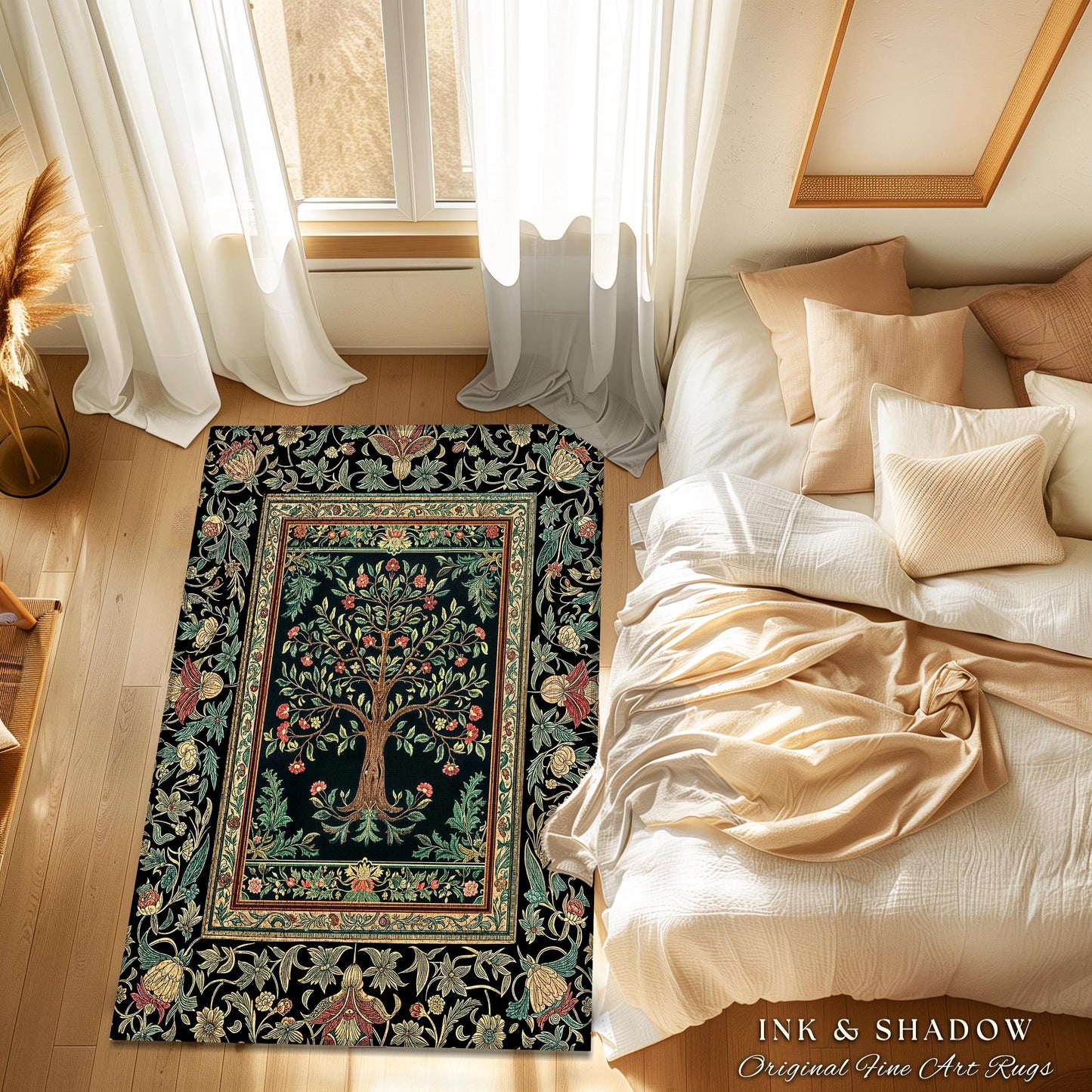 Medieval Folk Art Dark Floral Rug | Ornate Tree of Life Morris Style Fairytale Folklore Cottagecore Botanical Bedroom Decor Jewel Tones |