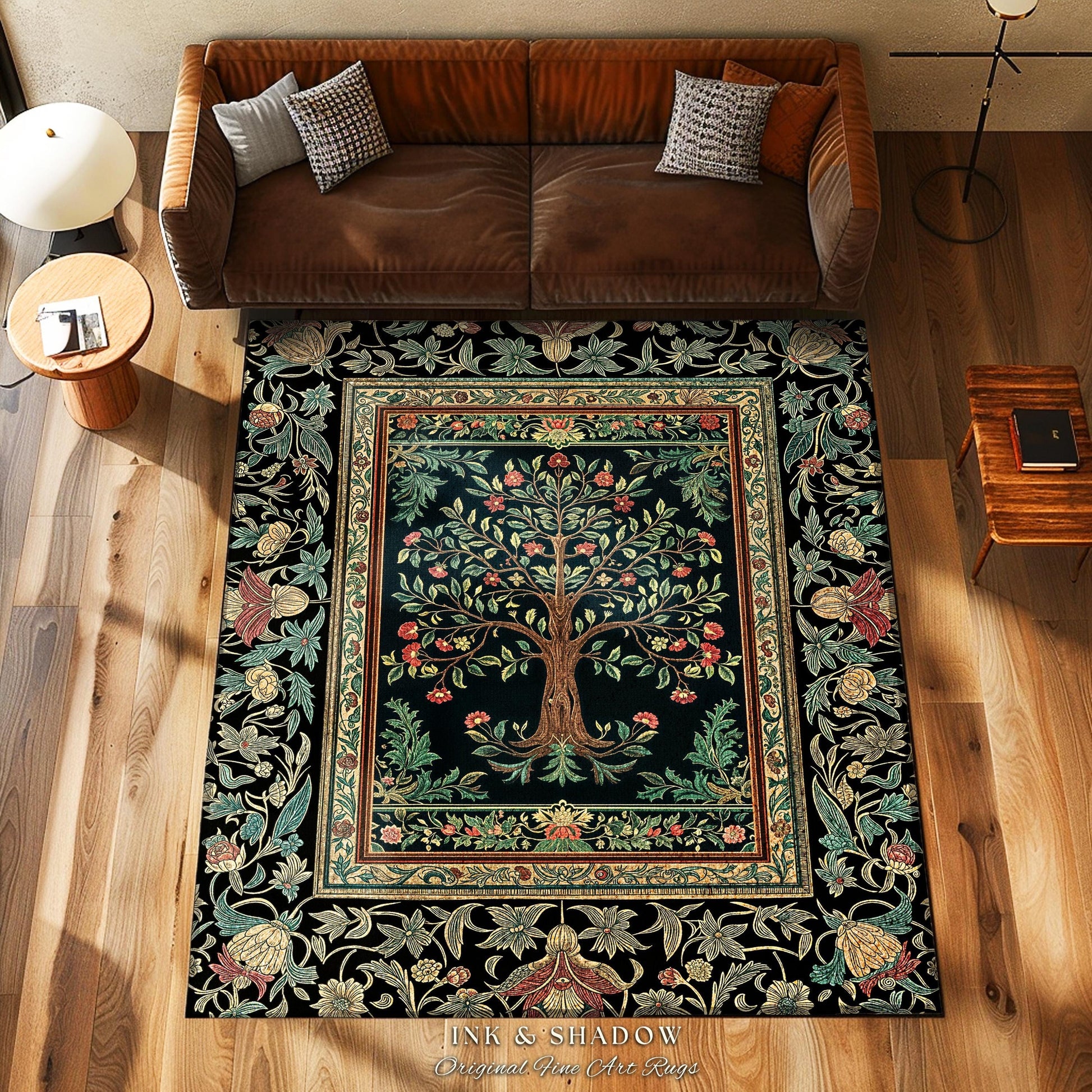 Medieval Folk Art Dark Floral Rug | Ornate Tree of Life Morris Style Fairytale Folklore Cottagecore Botanical Bedroom Decor Jewel Tones |