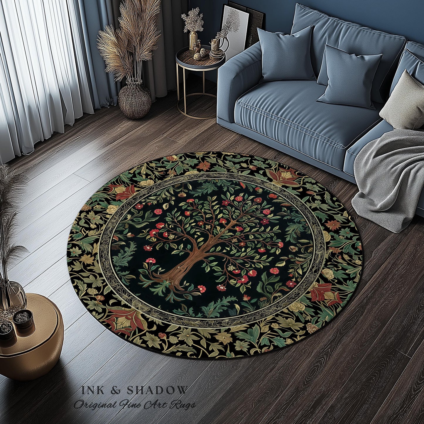 Medieval Folk Art Dark Floral Rug | Ornate Tree of Life Morris Style Fairytale Folklore Cottagecore Botanical Bedroom Decor Jewel Tones |