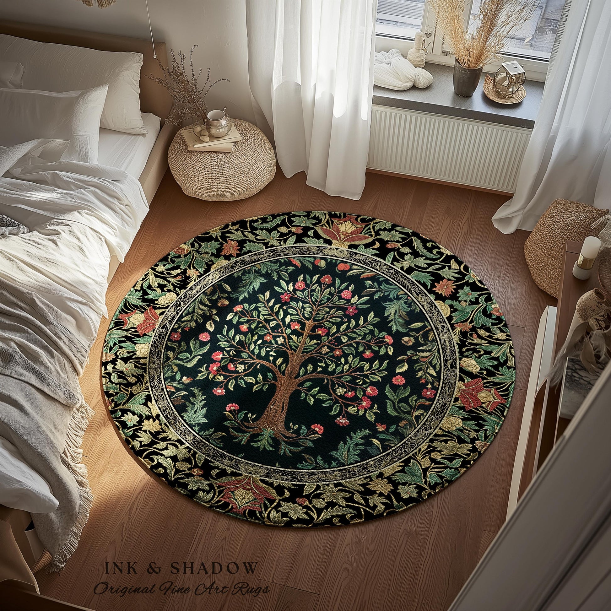 Medieval Folk Art Dark Floral Rug | Ornate Tree of Life Morris Style Fairytale Folklore Cottagecore Botanical Bedroom Decor Jewel Tones |