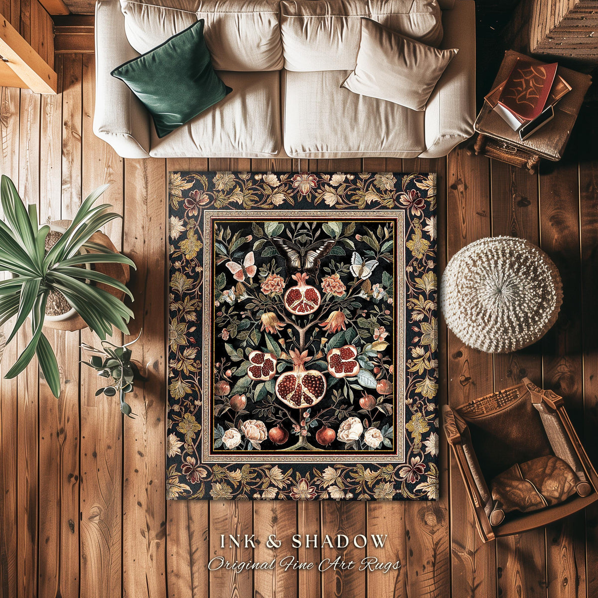 Victorian Gothic Floral Pomegranate Rug Dark Botanical Vintage Aesthetic Decor | Enchanted Forest Butterfly Moth Woodland Wildflower Art