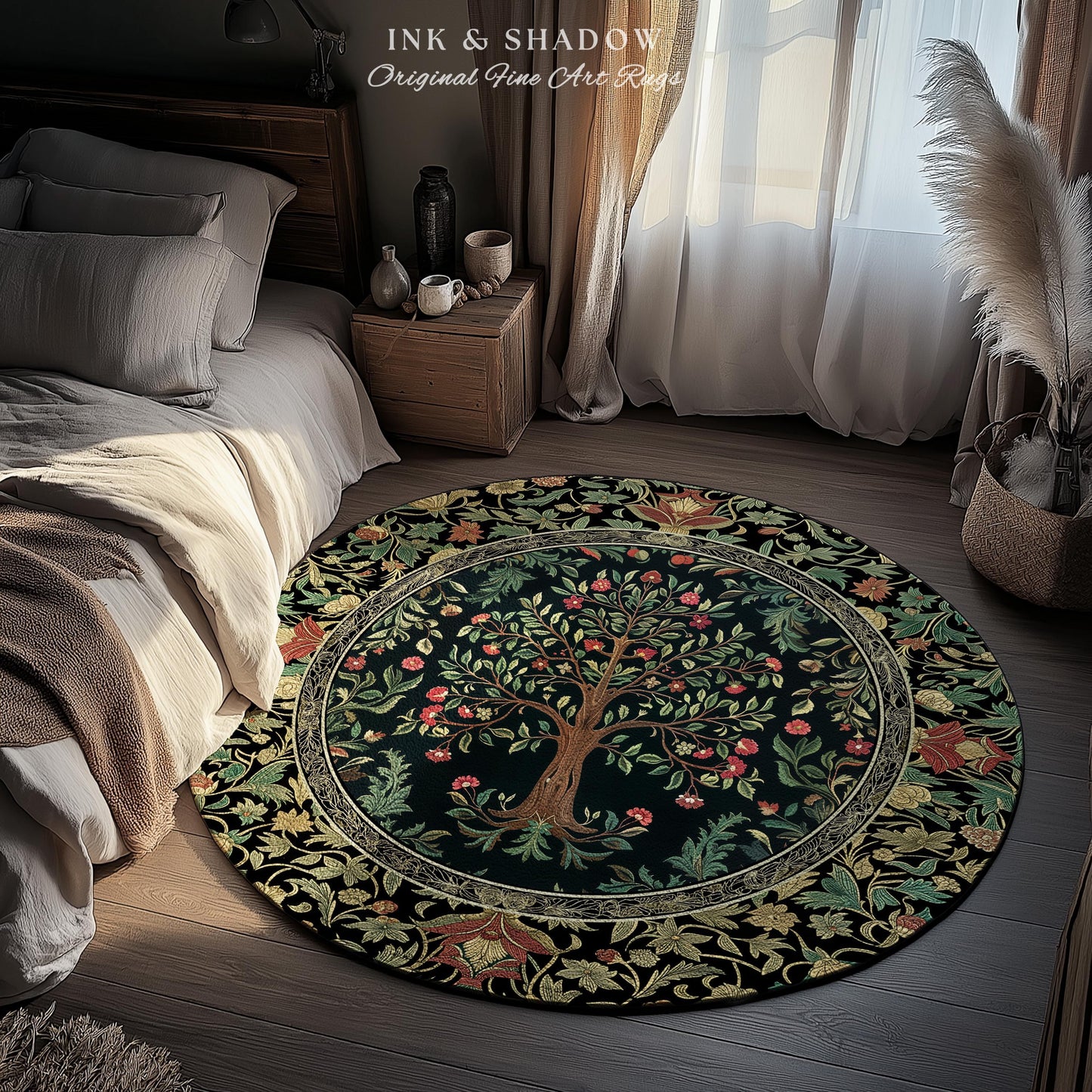 Medieval Folk Art Dark Floral Rug | Ornate Tree of Life Morris Style Fairytale Folklore Cottagecore Botanical Bedroom Decor Jewel Tones |