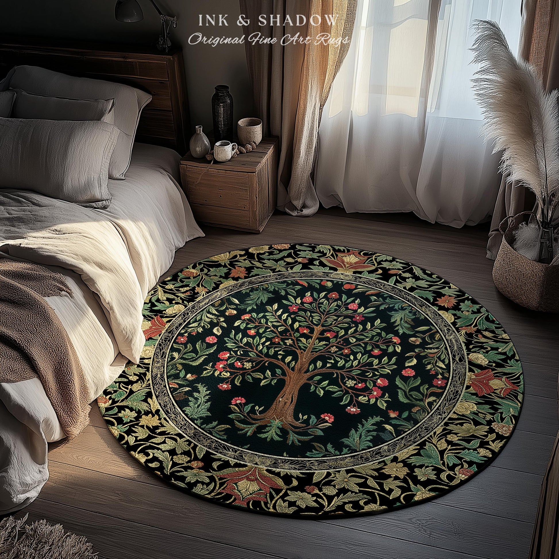 Medieval Folk Art Dark Floral Rug | Ornate Tree of Life Morris Style Fairytale Folklore Cottagecore Botanical Bedroom Decor Jewel Tones |