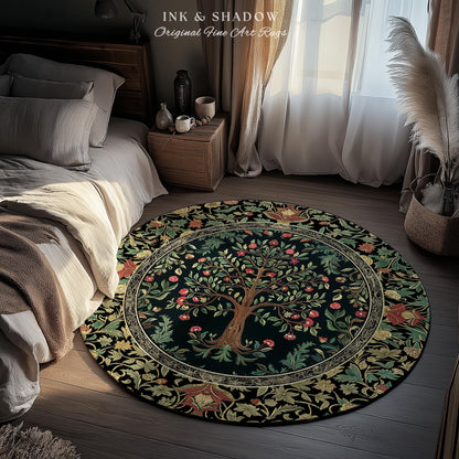 Medieval Folk Art Dark Floral Rug | Ornate Tree of Life Morris Style Fairytale Folklore Cottagecore Botanical Bedroom Decor Jewel Tones |