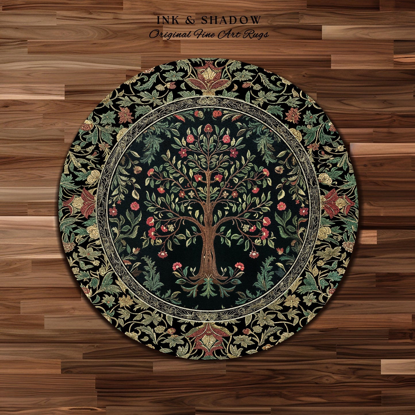 Medieval Folk Art Dark Floral Rug | Ornate Tree of Life Morris Style Fairytale Folklore Cottagecore Botanical Bedroom Decor Jewel Tones |