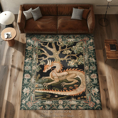 Enchanted Woods Round Dragon Rug | Medieval Aesthetic Fairytale Nursery Decor Morris Style Cottagecore Fairycore Bedroom Mystical Woodland