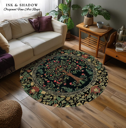 Medieval Folk Art Dark Floral Rug | Ornate Tree of Life Morris Style Fairytale Folklore Cottagecore Botanical Bedroom Decor Jewel Tones |