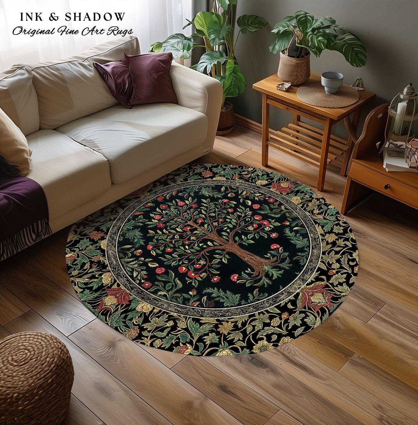 Medieval Folk Art Dark Floral Rug | Ornate Tree of Life Morris Style Fairytale Folklore Cottagecore Botanical Bedroom Decor Jewel Tones |
