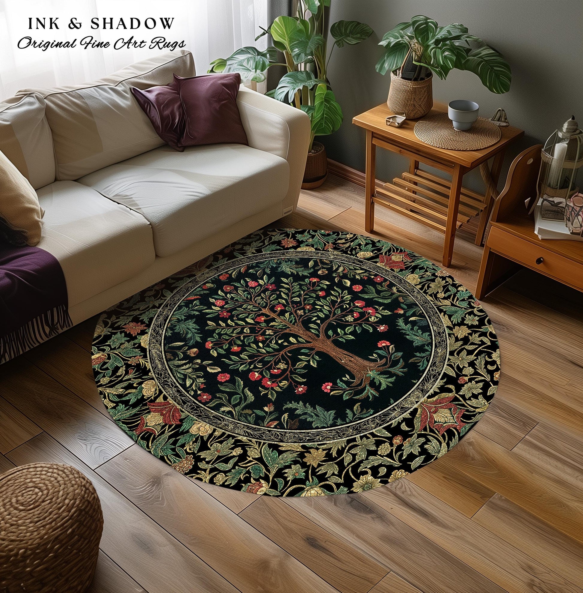Medieval Folk Art Dark Floral Rug | Ornate Tree of Life Morris Style Fairytale Folklore Cottagecore Botanical Bedroom Decor Jewel Tones |