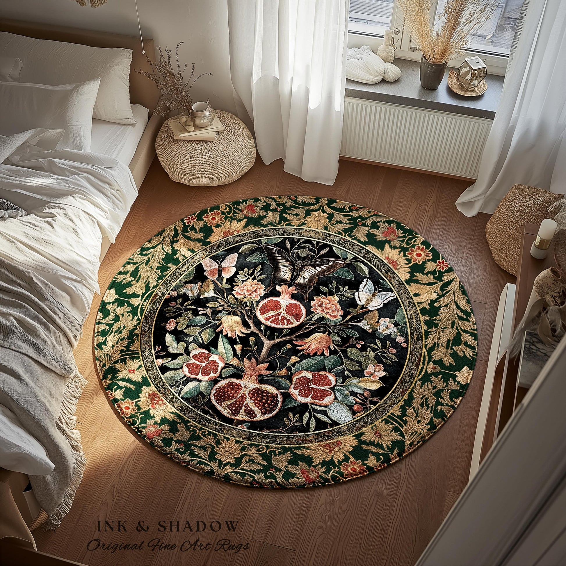 Victorian Gothic Floral Pomegranate Rug Dark Botanical Vintage Aesthetic Decor | Enchanted Forest Butterfly Moth Woodland Wildflower Art