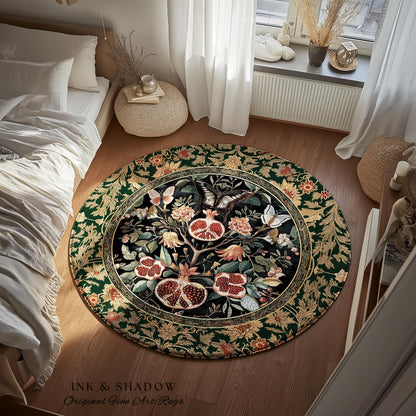 Victorian Gothic Floral Pomegranate Rug Dark Botanical Vintage Aesthetic Decor | Enchanted Forest Butterfly Moth Woodland Wildflower Art