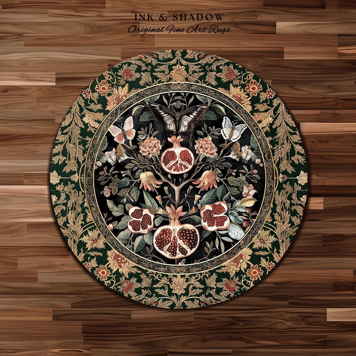 Victorian Gothic Floral Pomegranate Rug Dark Botanical Vintage Aesthetic Decor | Enchanted Forest Butterfly Moth Woodland Wildflower Art