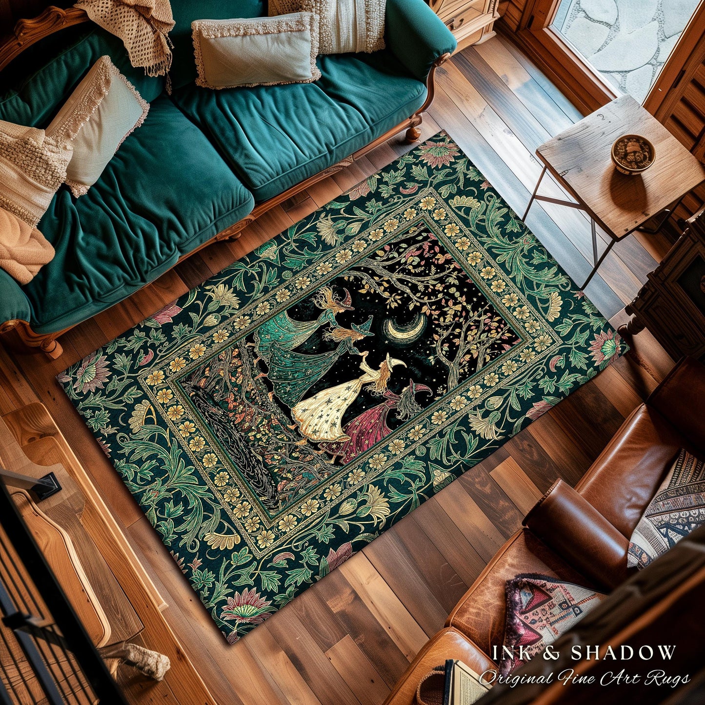 Whimsical Witch Sisterhood Accent Rug | Dreamy Dark Witchy Coven Forest Baroque Floral Gothic Decor Mystic Boho Sorceress Woodland Area Rug