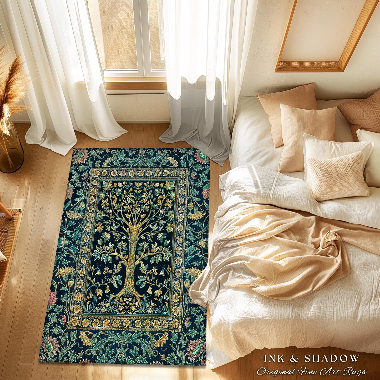 Elegant Cool Toned Tree Area Rug | Enchanted Bohemian Decor Ornate Botanical Accent Romantic Maximalist Gothic Style Living Room Carpet |