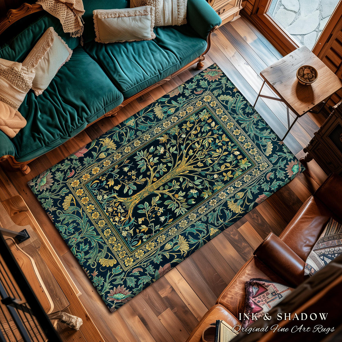 Elegant Cool Toned Tree Area Rug | Enchanted Bohemian Decor Ornate Botanical Accent Romantic Maximalist Gothic Style Living Room Carpet |