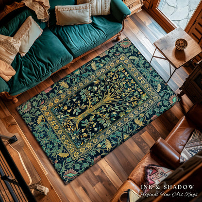 Elegant Cool Toned Tree Area Rug | Enchanted Bohemian Decor Ornate Botanical Accent Romantic Maximalist Gothic Style Living Room Carpet |