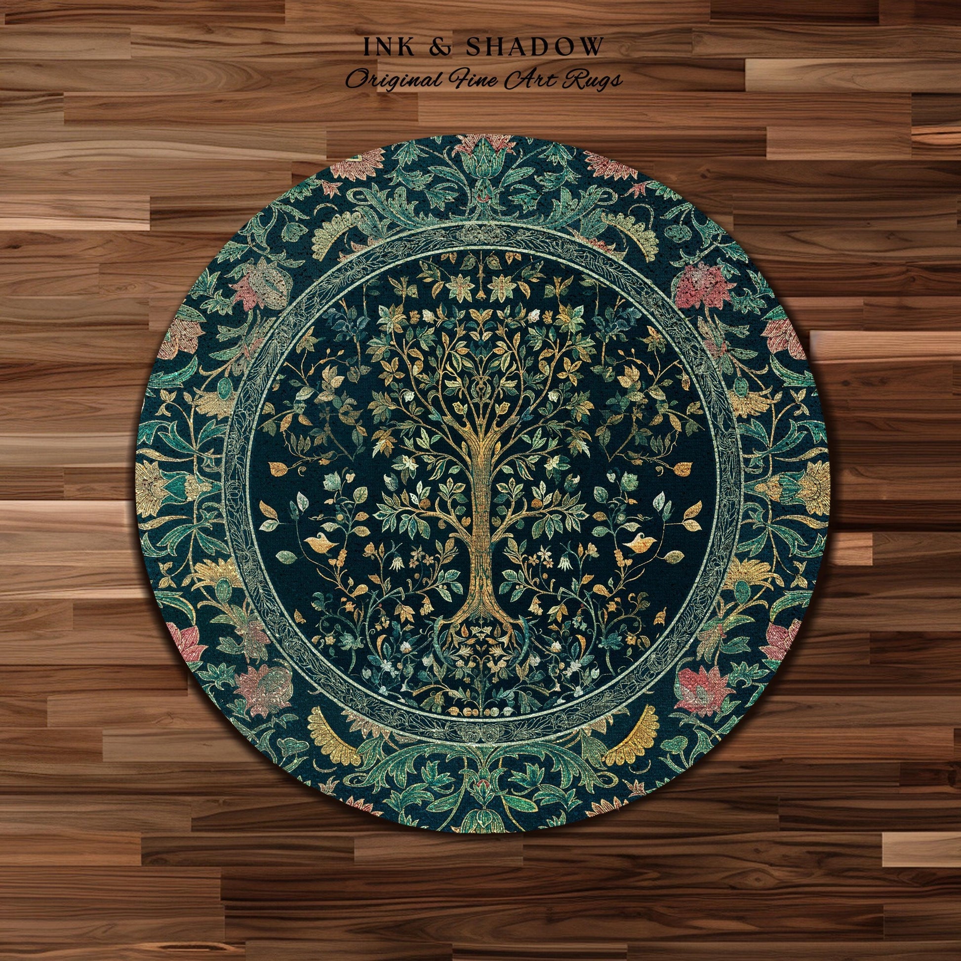 Elegant Cool Toned Tree Area Rug | Enchanted Bohemian Decor Ornate Botanical Accent Romantic Maximalist Gothic Style Living Room Carpet |