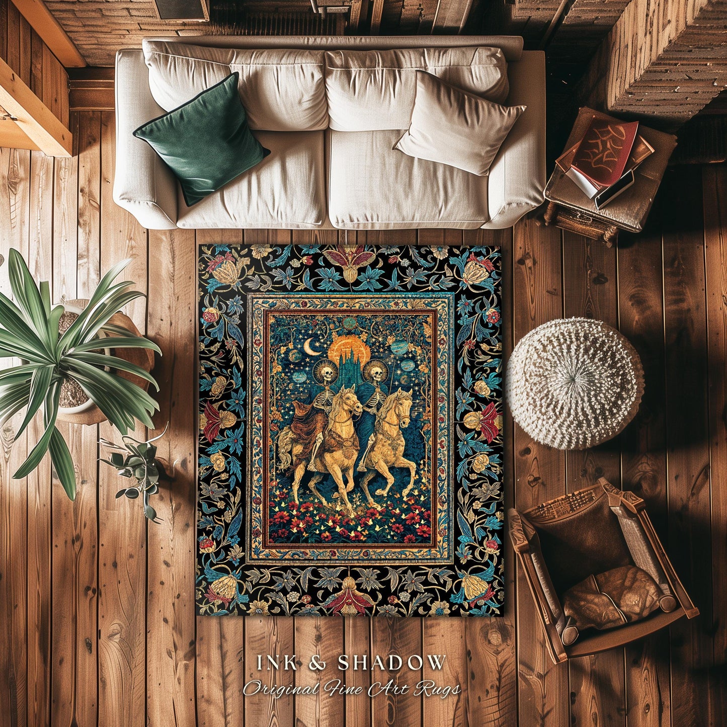 Golden Starlight Skeleton Accent Rug | Baroque Gothic Garden Castle Scene Celestial Horsemen Dreamy Floral Fantasy Macabre Couple Home Decor