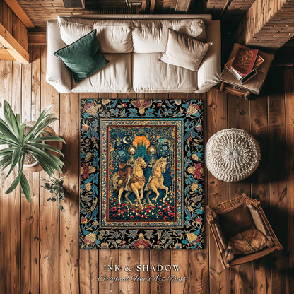 Golden Starlight Skeleton Accent Rug | Baroque Gothic Garden Castle Scene Celestial Horsemen Dreamy Floral Fantasy Macabre Couple Home Decor