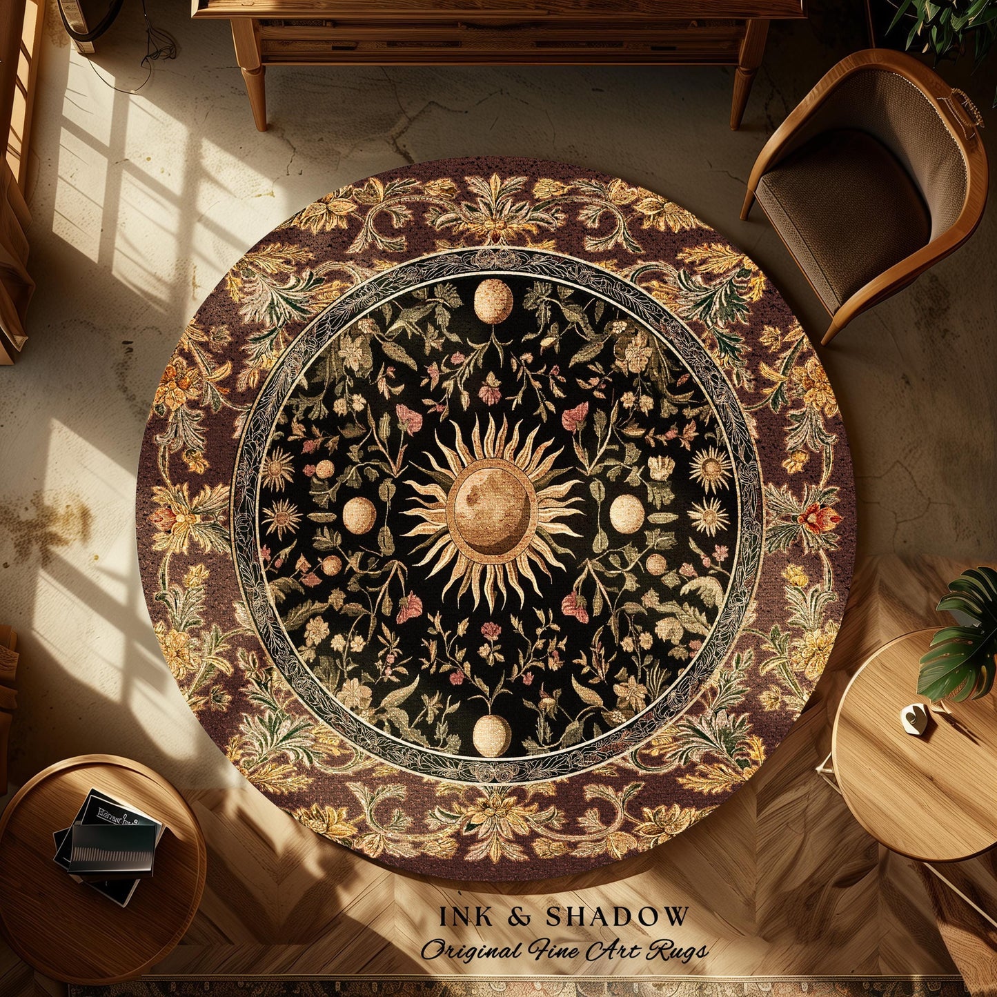 Dark Skies Celestial Area Rug | Enchanted Celestial Witchy Astrology Boho Maximalist Decor Sun and Moon Tarot Inspired Gothic Home Accent