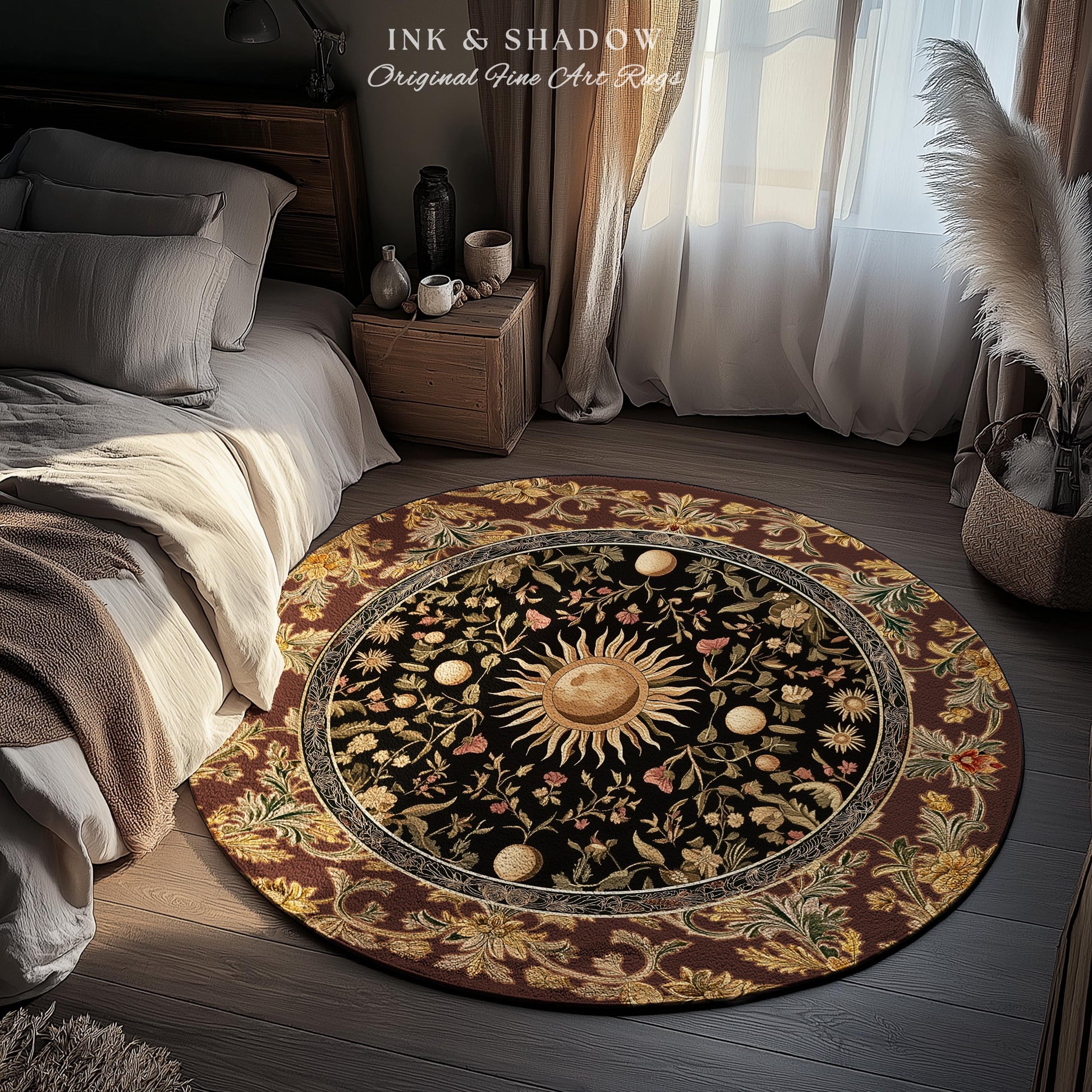Dark Skies Celestial Area Rug | Enchanted Celestial Witchy Astrology Boho Maximalist Decor Sun and Moon Tarot Inspired Gothic Home Accent