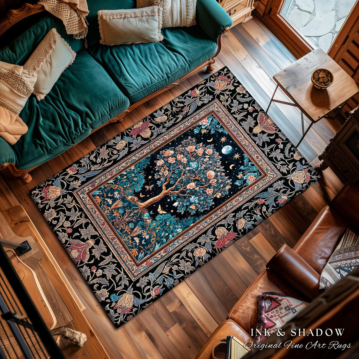 Enchanted Moonlit Tree of Life Area Rug | Romantic Forest Aesthetic Home Decor Vintage Boho Style Housewarming Gift Cozy Bedroom Floor Mat
